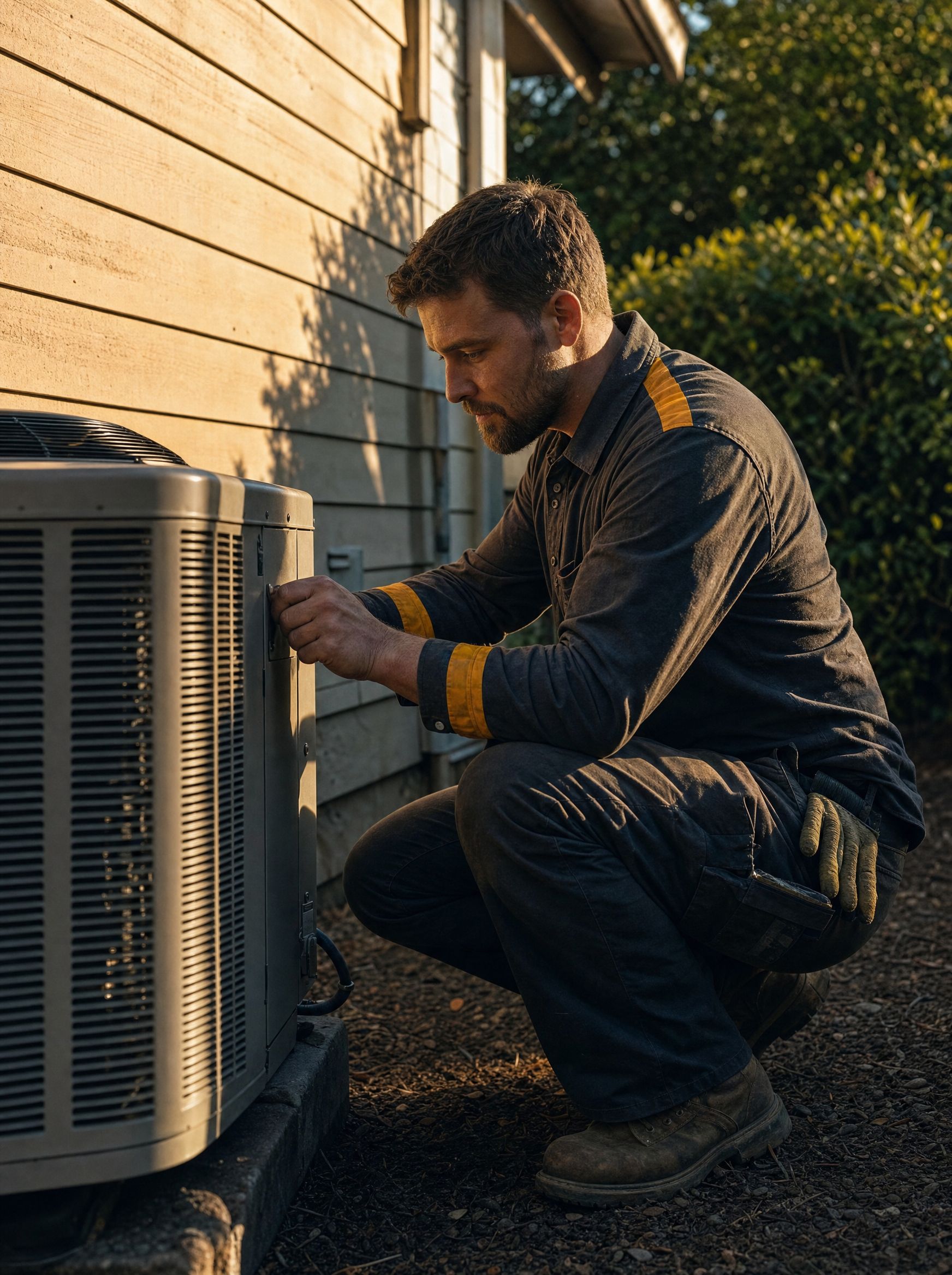 A Swift Tech technician in a charcoal and amber uniform kneeling beside a residential outdoor air conditioning condenser unit in the late afternoon sun.