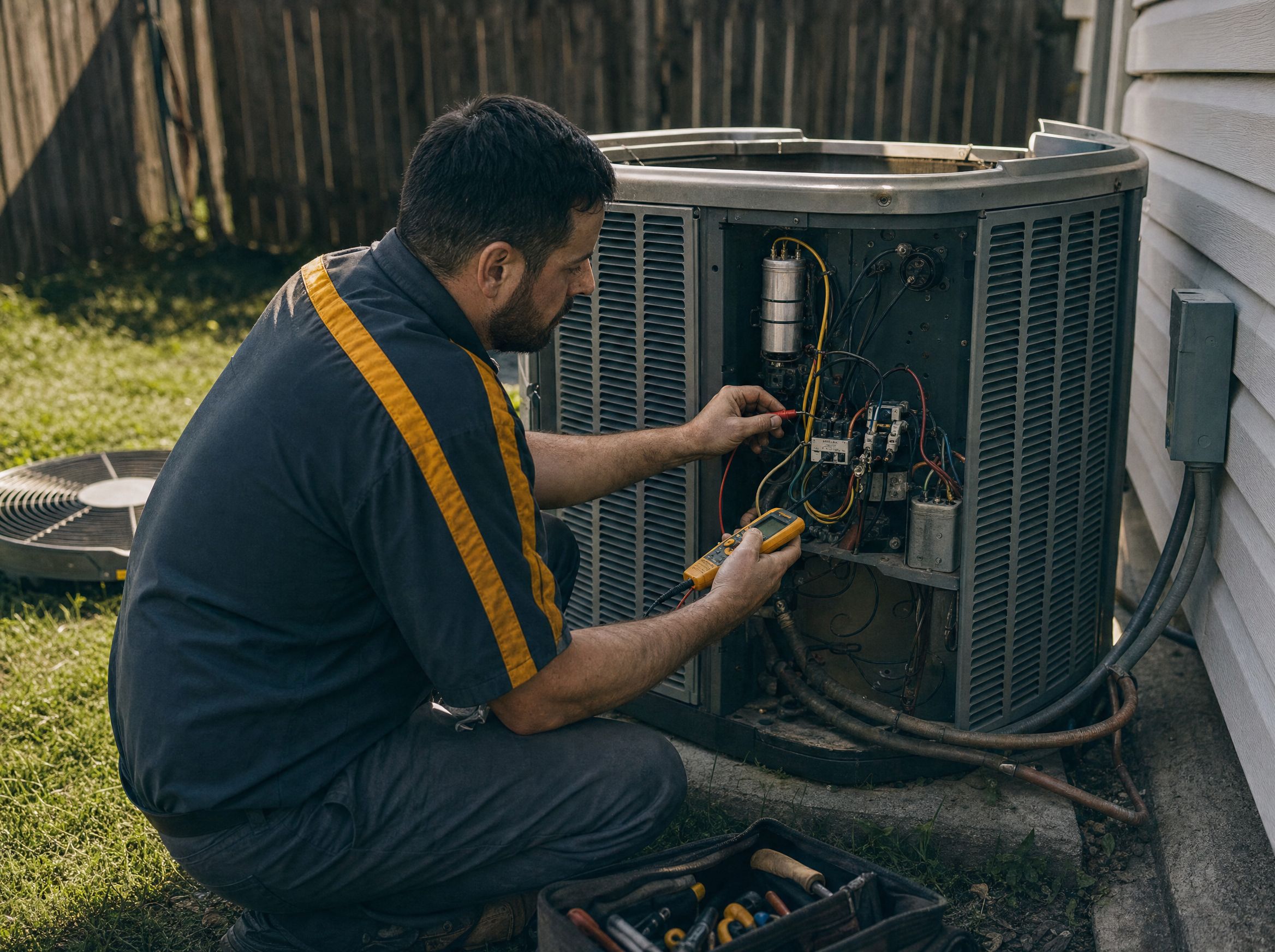 Technician testing the contactor of a residential air conditioning condenser with a multimeter, top grille removed.
