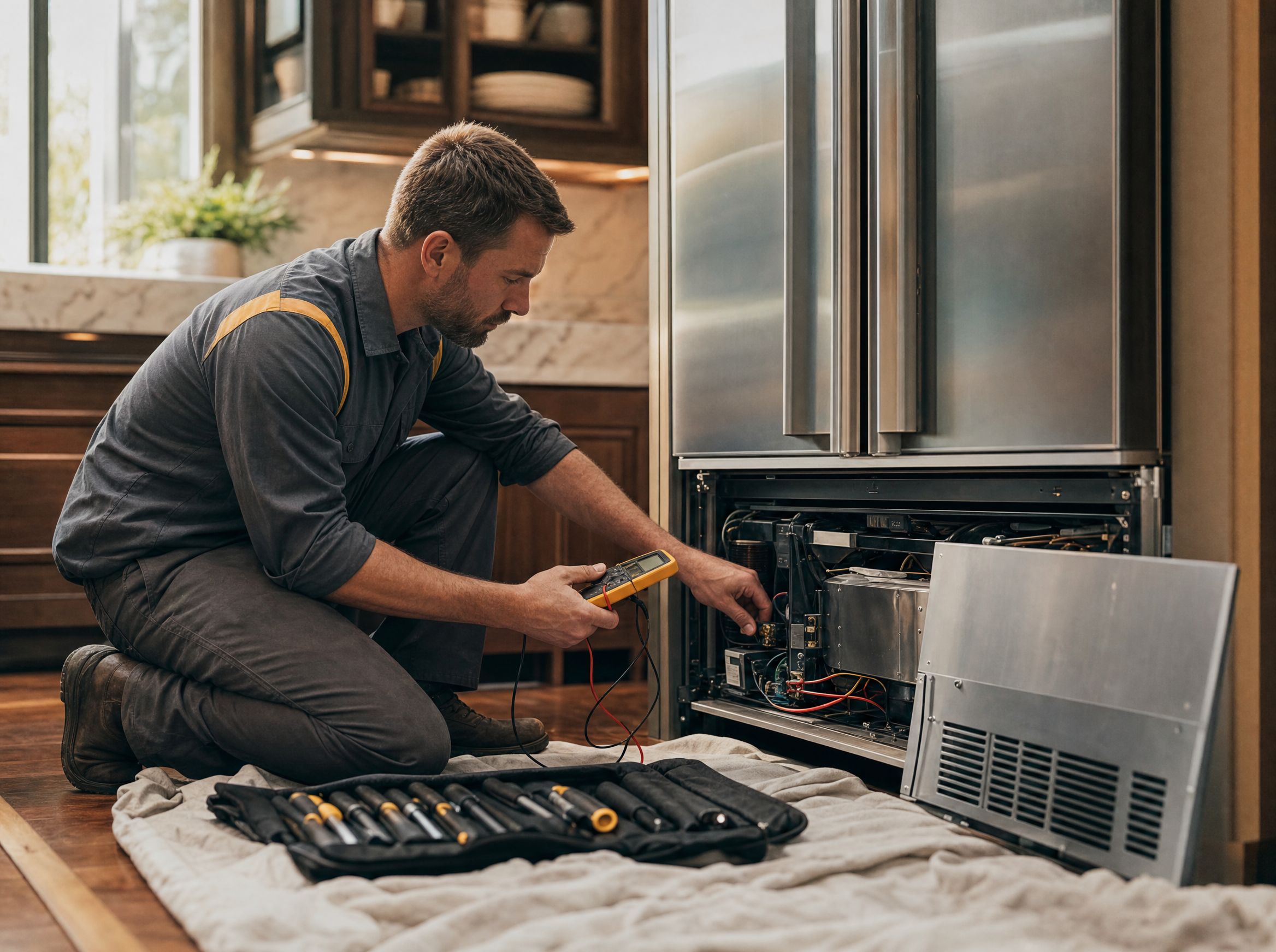 Technician kneeling to repair a high-end stainless steel built-in refrigerator in an upscale kitchen, service panel removed.