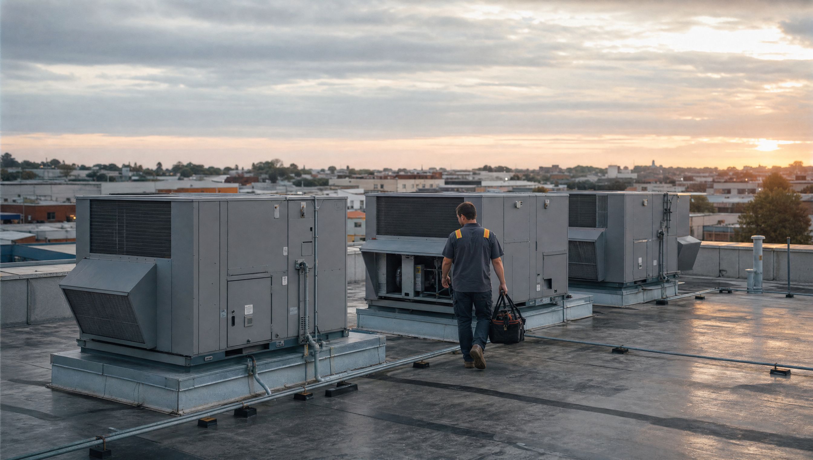 Row of packaged rooftop HVAC units on a flat commercial roof with a technician walking between them.