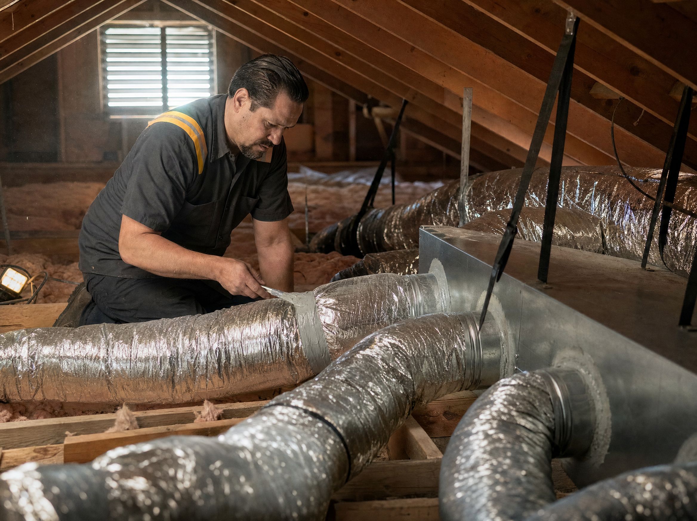 New insulated flexible ductwork branching from a sheet metal plenum in a residential attic.