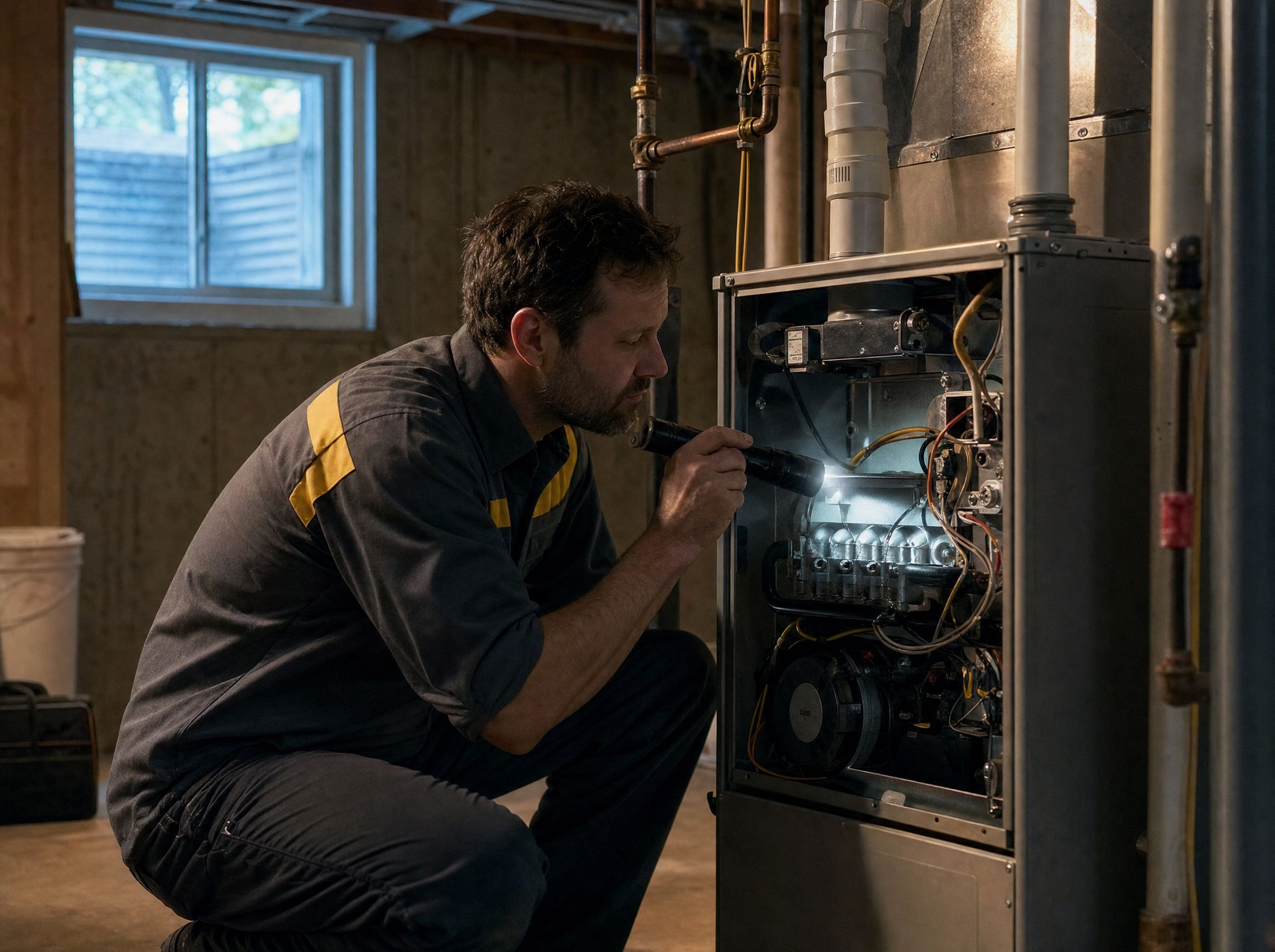 Technician kneeling at an open high-efficiency gas furnace inspecting the burner assembly by flashlight.