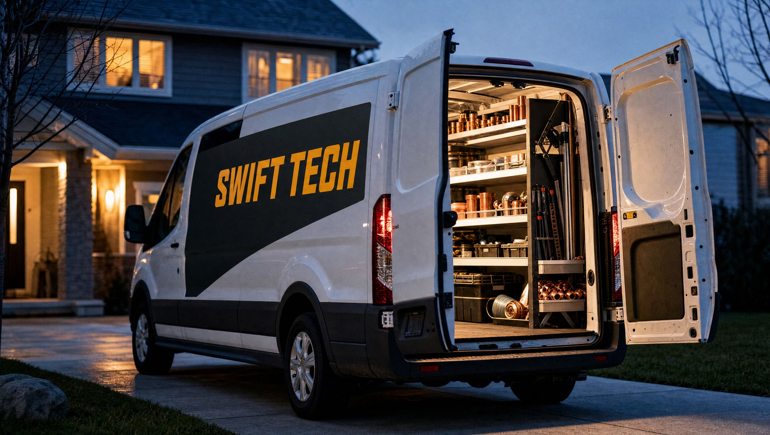 A Swift Tech service van parked in a driveway at dusk with its rear doors open, shelves of parts lit from inside.
